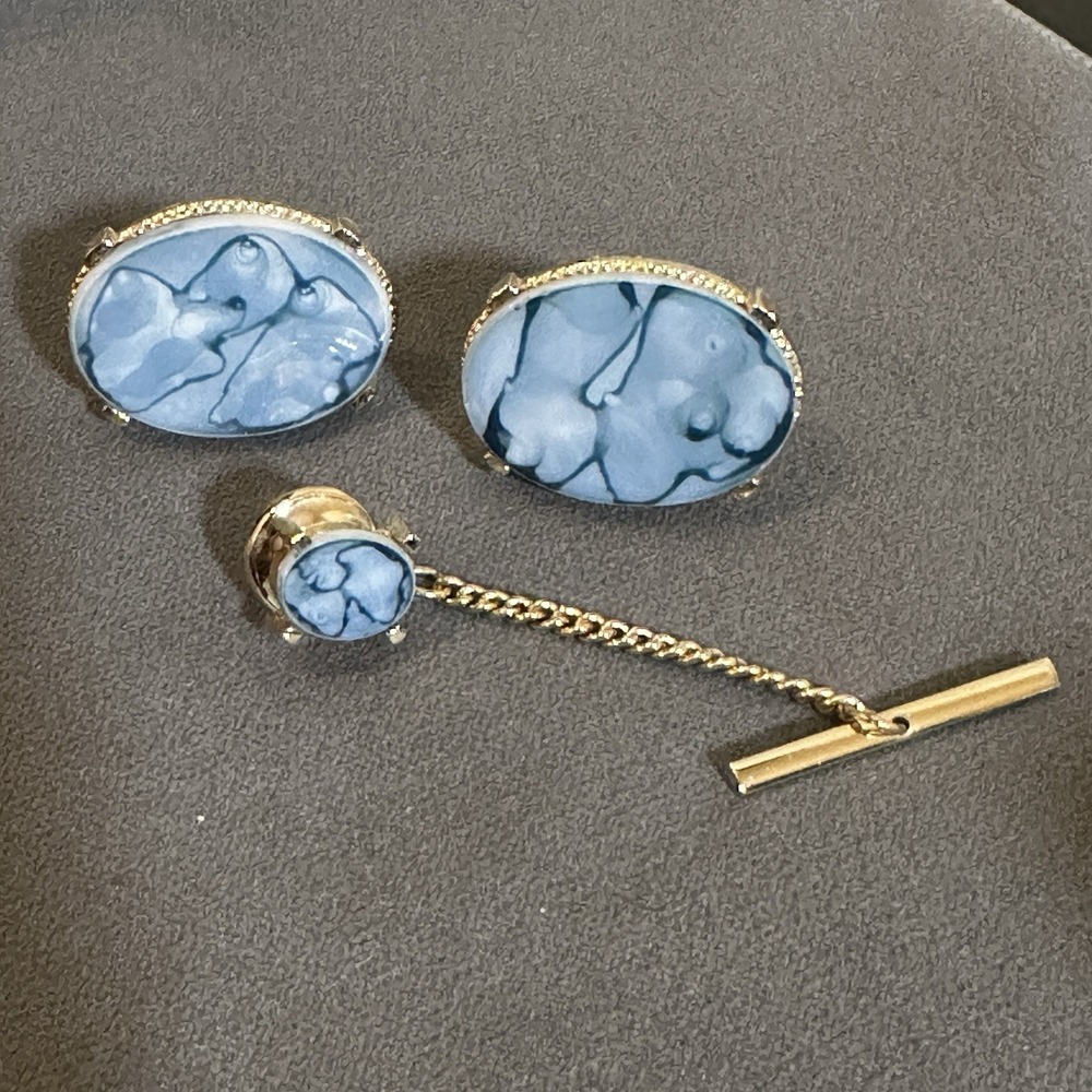 Vintage Dante Stone Cufflinks And Matching Tie Tack Gold Tone